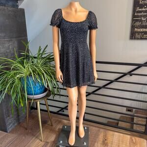 Altar'd State Black White Polka Dot Fit & Flare Puff Sleeve Mini Dress - Large